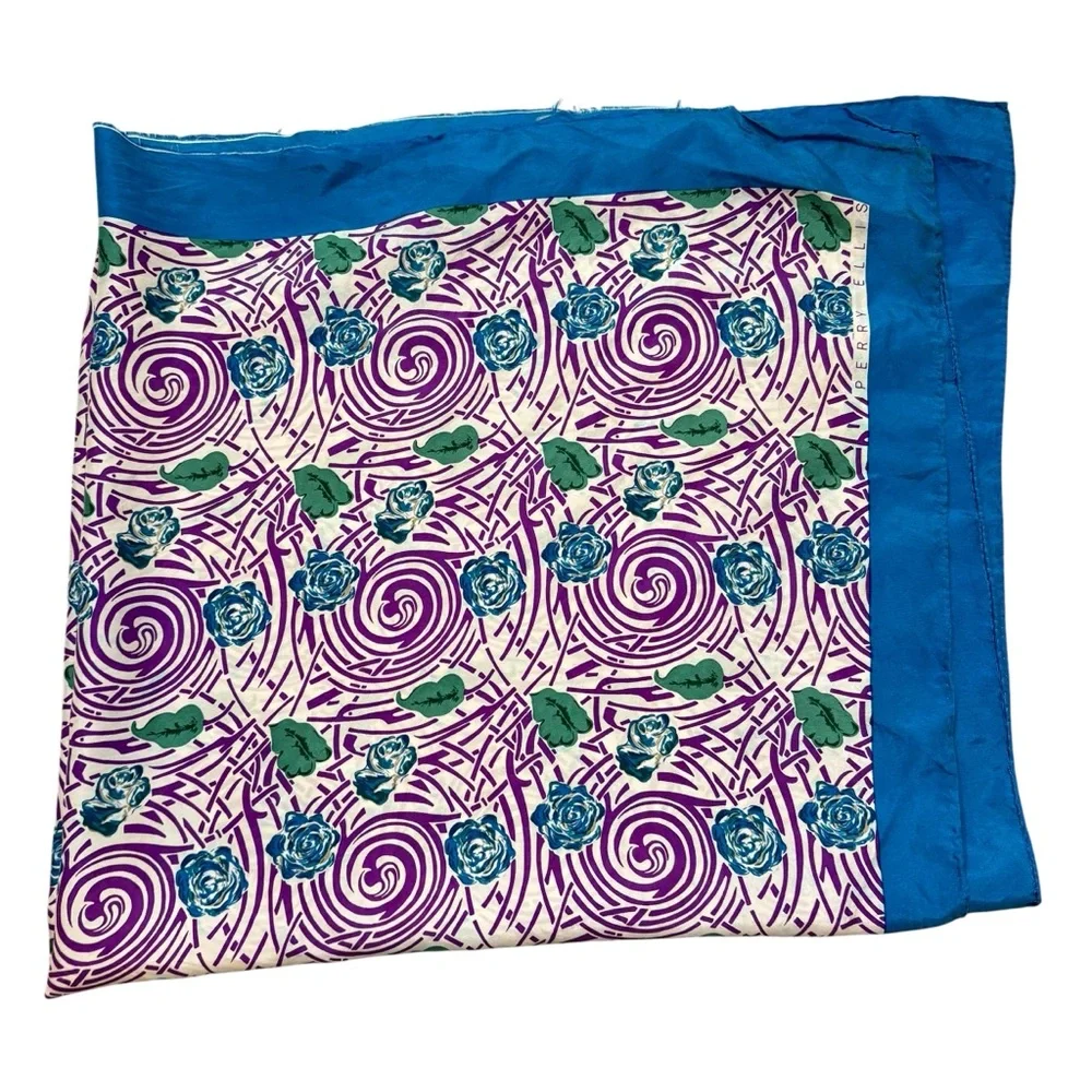 Ladies Vintage Perry‎ Ellis 100% Silk Blue and Purple Floral Scarf